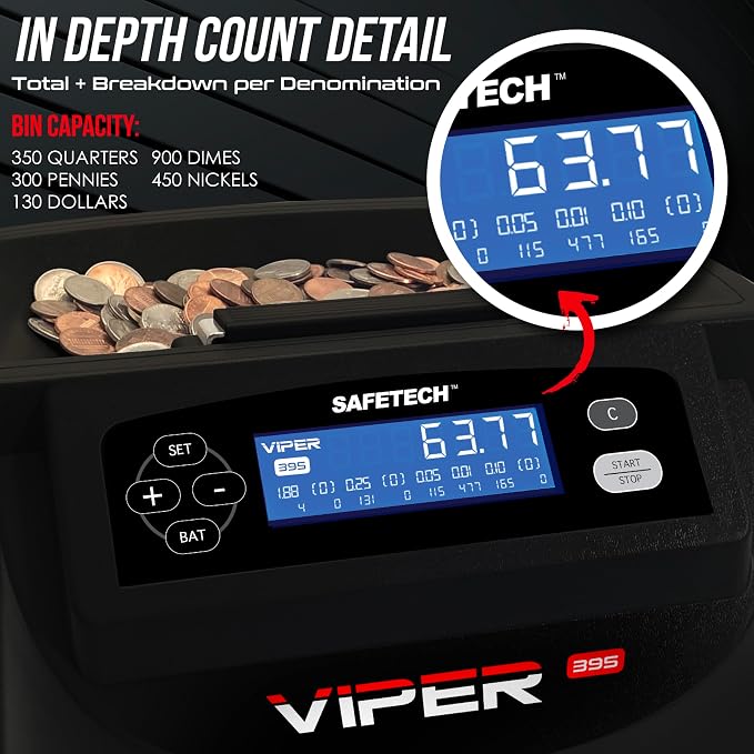 Safetech Viper V395 Coin Counter, Sorter, and Wrapper, Sorts All US Coins Including Half Dollars