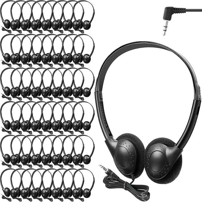 Frienda 48 Pack Classroom Headphones Bulk, Wired School Headsets for Students, Stereo Headphones with 3.5 mm Plug for Classroom, Online Learning, Library(Classic,Black)