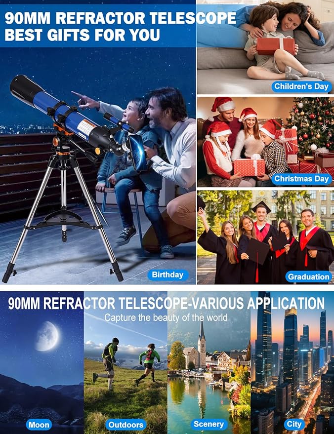 Telescope for Adults High Powered 90mm Aperture 800mm,Refractor Telescopes for Astronomy Beginners with AZ Mount Tripod,Phone Adapter,Carry Bag (80090blue)