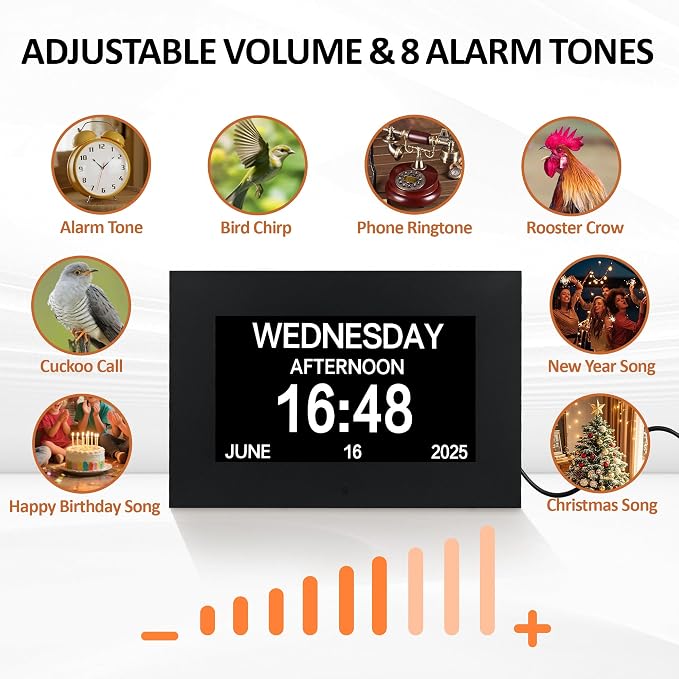 7" Digital Alarm Clock for Seniors, Dementia Clock with Day and Date for Elderly, Digital Calendar Day Clock with 20 Reminders & 20 Alarms, Auto-DST