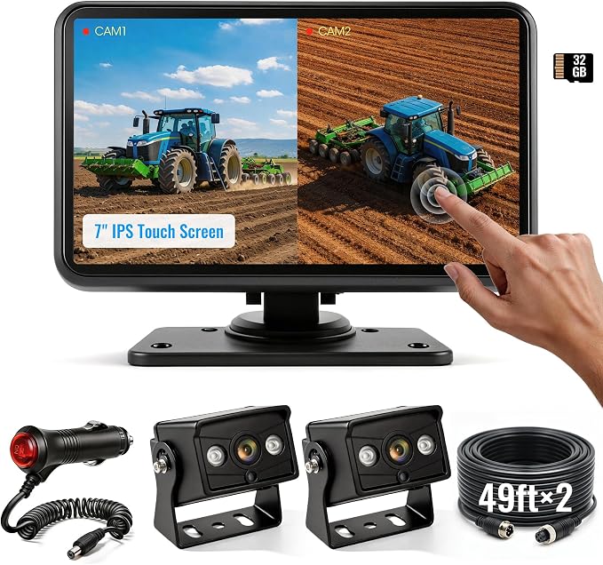 2 Wired Backup Camera System, 7" DVR IPS Touchscreen with Dual AHD IP69K Water/Dust Proof Rear Cameras, Vibration-Proof 20G for Hitching, Farm Work, UTV, Tractor, Truck, Trailer, Combine