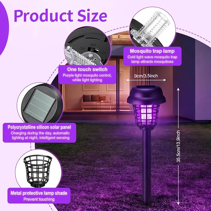 4 Pcs Solar Bug Zapper Outdoor Waterproof Mosquito Repellent Light Solar Power Fly Killer Lamps for Moths, Gnats, Fly, Small Flying Insect Backyard Garden Lawn (Plastic,Purple & Sunlight)