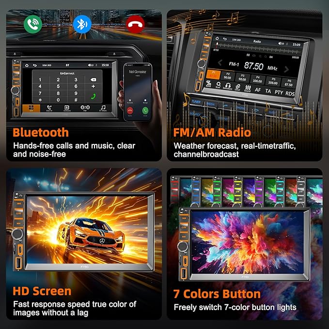 7" Wireless Double Din Car Stereo Carplay Radio Screen for Car Audio Receivers, Car Stereo with Backup Camera, Car Play Android Auto Touchscreen, Mirror Link, Bluetooth, AM/FM, Type-C