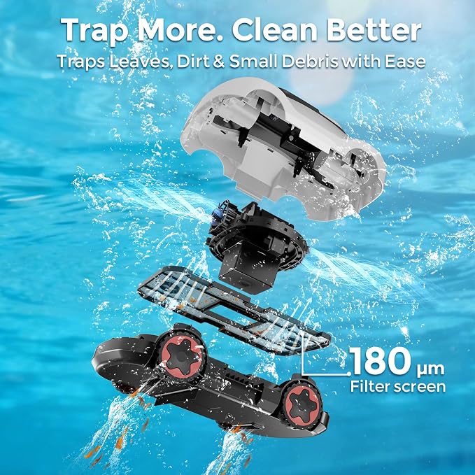 C5 Robotic Pool Cleaner, Cordless Pool Vacuum for Above-Ground & Inground Pools up to 2,200 Sq.Ft, Strong Suction, 180-Min Runtime, Smart Auto-Parking & 2.7L Large Debris Basket (White-Black)