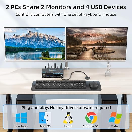 4K@144Hz KVM Switch 2 Monitors 2 Computers Displayport HDMI, USB3.0 Dual Monitor KVM Switch for 2 Computers Share 2 Monitors and 4 USB Peripherals,Wired Remote 12V Adapter and 2 USB Cable