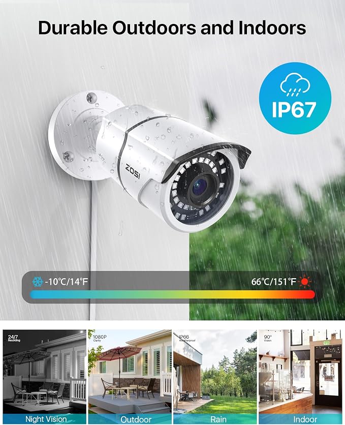 ZOSI 2MP 1080p Security Camera Outdoor Indoor (Hybrid 4-in-1 CVI/TVI/AHD/960H Analog CVBS), Night Vision, Weatherproof Surveillance CCTV Bullet Camera
