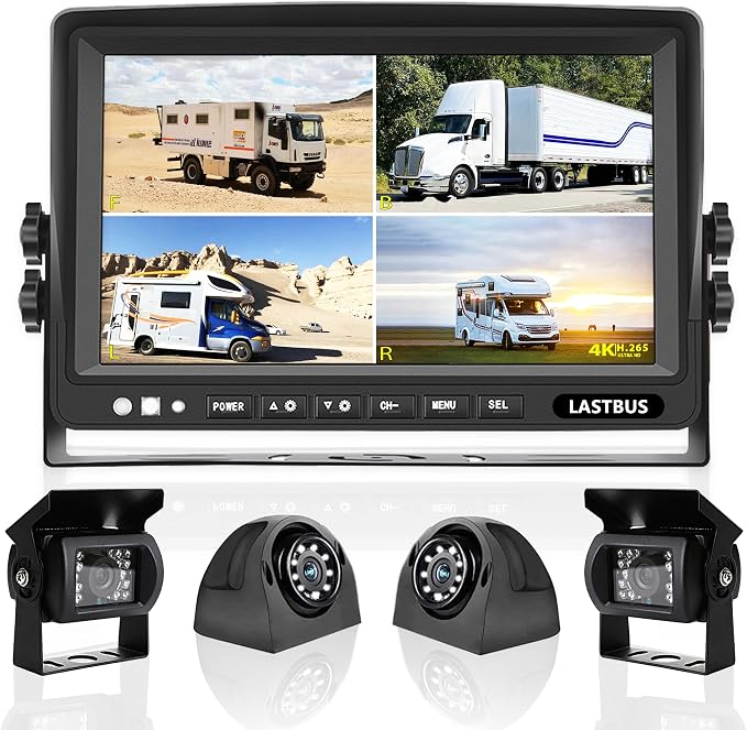 7'' RV Camera System for RV Semi-Truck Trailer Camper, 4 Split Screen Quad View HD DVR Recording Monitor + IP69K Waterproof Night Vision Rear & Side View Backup Camera to Eliminate Blind Spots