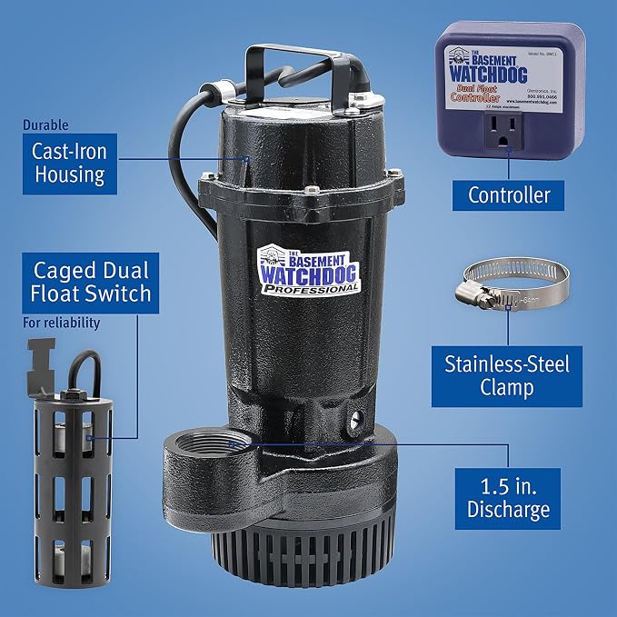 The Basement Watchdog ½ HP Submersible Sump Pump w/Copper-Wound PSC Motor - 4,100 GPH - Caged Microreed Dual Float Switch (BWT050)