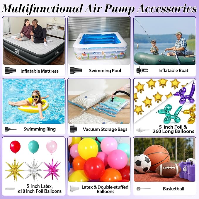 Togvu Electric Balloon Pump, 3-in-1 Portable Air Pump for Inflatables and Balloons, Dual Nozzle Balloon Blower Machine for Latex 260q Foil Balloons 110V Inflator Deflator for Pool Floats Air Mattress