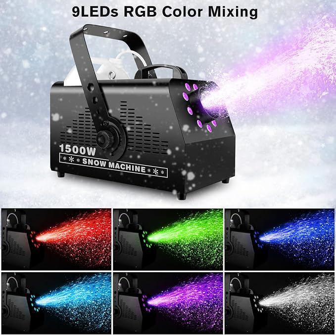 1500W Snow Machine: 9 LEDs Light - Wired & Wireless Remote Control- 7 Color Lights Effect - Snowflake Maker for Outdoor Party Wedding Stage Backyard Events