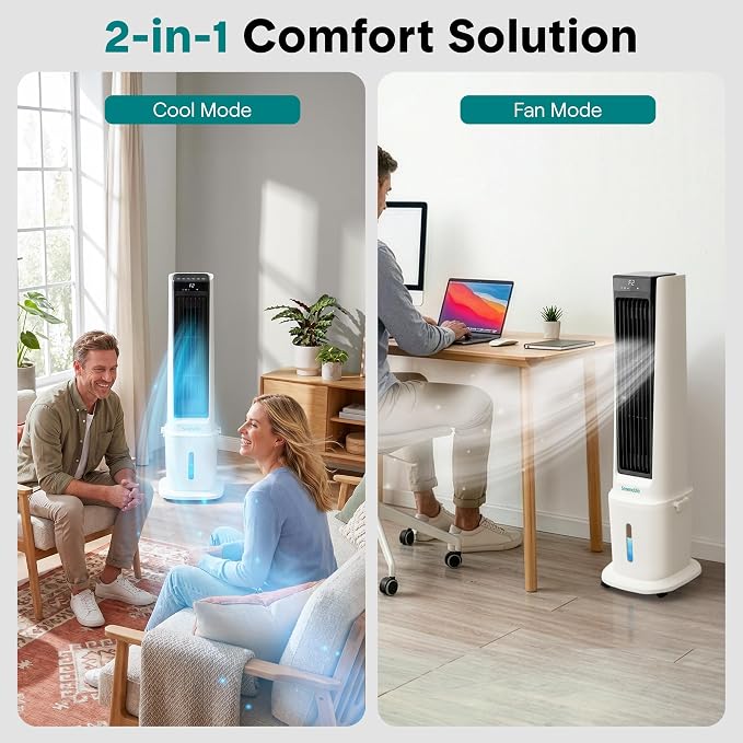 SereneLife Evaporative Air Cooler with 17L Detachable Water Tank, Air Cooler with 1800 CFM Cooling Power, Indoor Outdoor Oscillating System with Wheels, Remote & Ice Packs, (Black & White)