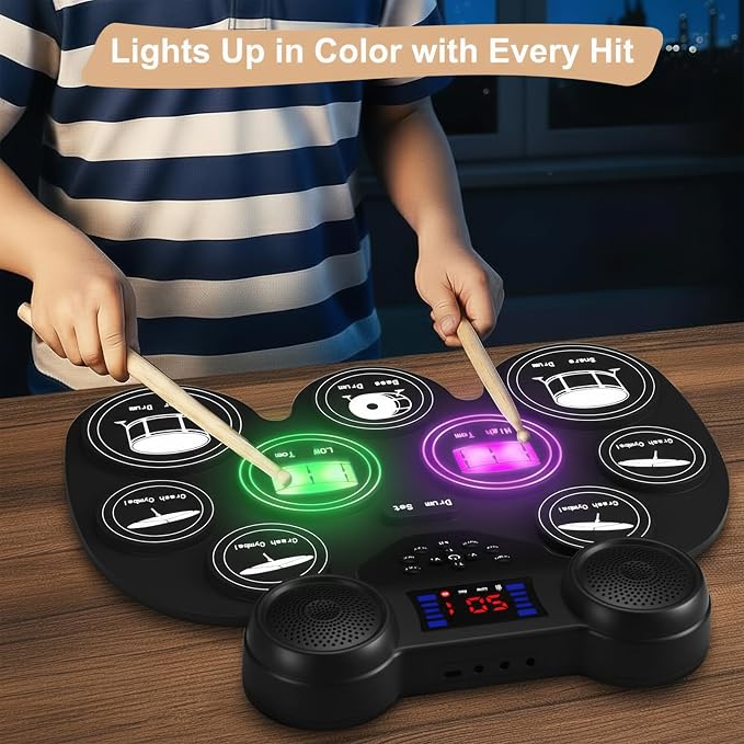 Electric Drum Set with 7 Colorful LED Light Patterns, Enhanced Rebound Feel, 9 Pads, Bluetooth MIDI, Dual Speakers for Kids and Adult Beginners