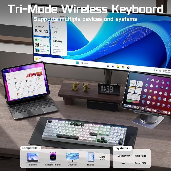 Aula H108 Wireless Mechanical Keyboard, Hot Swappable Silent Keyboard, Full Size Keyboard with Number Pad, Gasket Structure, RGB Backlit Computer Gaming Keyboard with PBT Keycaps for PC/Office