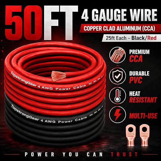 TOPSTRONGGEAR 4 Gauge Wire for Automotive Power Ground, Car Audio, Car Amplifier, RV, Amp, CCA Automotive Wire, Battery Cable, Wiring Kit (25FT Each Black/Red with 20PCS Lugs, 20 Heat Shrink Wrap)