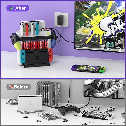 Switch Game Storage with Controller Charger for Nintendo Switch & OLED Model (Designed for Splatoon 3), Switch Charging Dock Charges 6 Joycons, Gaming Accessories Holder Switch Gift Card Organizer