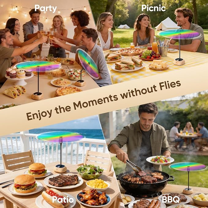 Edvision Rechargeable Fly Fans for Tables, Portable Outdoor Food Fans to Keep Fly Away, Table Fan with LED Display, 360° Flexible Fly Spinners for Table, Party, Picnic, BBQ and Party 4Pack (Oak)