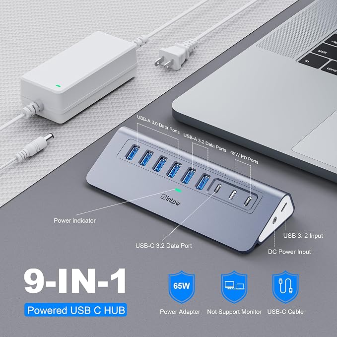 Powered USB Hub 10Gbps, intpw YH6AC 9-Port USB HUB with 10Gbps USB A/USB C 3.2, 4 USB 3.0, 2 PD 45W Charging Port, 65W Power Adapter + 5FT Cable, Aluminum USB Hub for Laptop, PC,iPhone 17/16