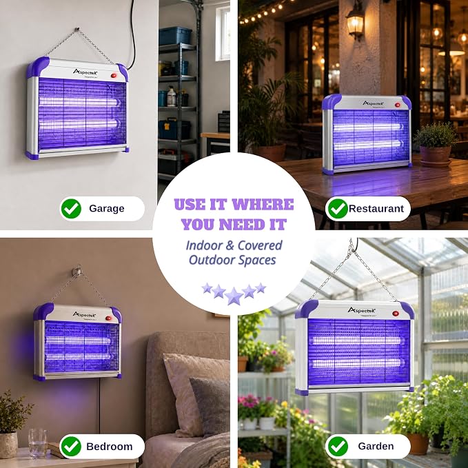 ASPECTEK 20W Heavy Duty Bug Zapper, High-Voltage Electric Mosquito and Fly Killer, Indoor and Covered Outdoor Gnat Control for Bedroom, Patio and Greenhouse, Includes 2 UV Bulbs - Purple