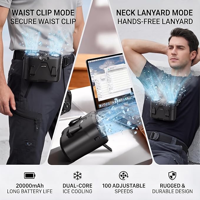 20000mAh Wearable Waist Fan, USB Rechargeable Personal Fan with 10 Wind Speeds, Dual Motors Portable Clip On Fan, Hands Free Cooling Fan for Outdoor Working Camping Travel (Black)