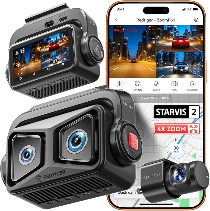 REDTIGER ZoomPix1 & Acc, Dash Cam Front and Rear, Telephoto+Wide Front Lenses for 100ft Plate Recognition, 4X Zoom, Dual STARVIS 2, 2K+1080P Recording, HDR Night Vision, 5.8GHz WiFi, Voice Control