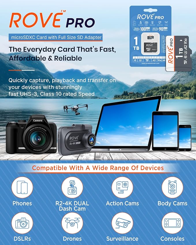ROVE PRO 1TB Micro SD Card microSDXC Memory Card with Full-Size SD Adapter 100MB/s Read Speed, C10, U3, V30, 4K, A2 for R2-4K Dual Dash Cam, Android Smart Phones, Tablets, Games