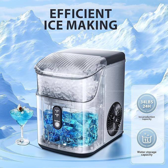 Antarctic Star Nugget Ice Maker Countertop, Chewable Nugget Ice Machine with Automatic Cleaning, Fast Ice Making 34Lbs/24H, One Click Operation for Party/Home/Bar/RV(Steel)