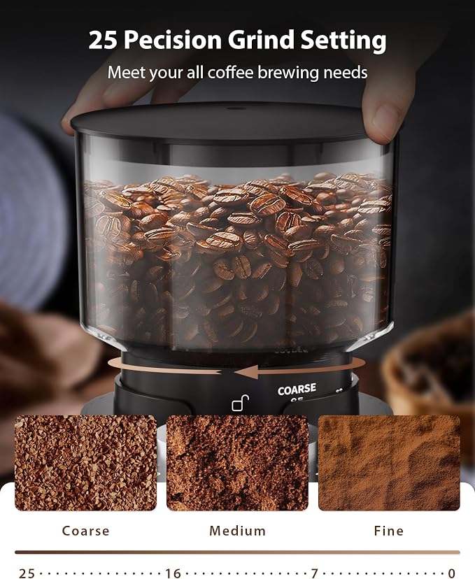 Aromaster Burr Coffee Grinder, Electric Conical Coffee Bean Grinder for Home Use, with 25 Grind Settings,3-Ears Portafilter Holder, Anti-static Design, Adjustable 2-12 Cups Timer, Cleaning Brush