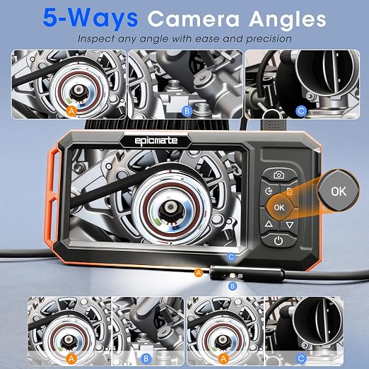 Triple Lens Borescope with 5" IPS Screen, 1920P HD Inspection Endoscope Camera with 50FT Semi-Rigid Snake Cable & 32GB Card, IP67 Waterproof Plumbing Camera for Sewer/Automotive/Drain Pipe