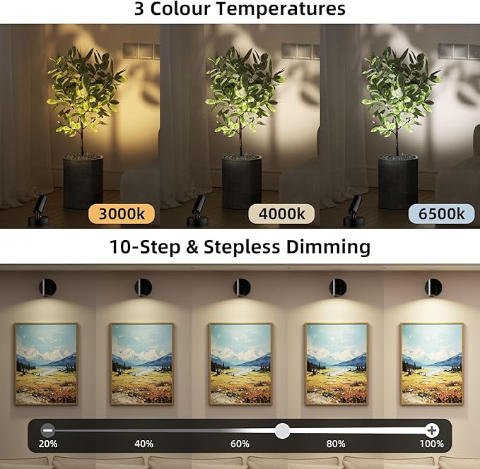 Spotlights Indoor with Remote & Touch, 5500mAh Rechargeable Battery Picture Lights with Timer, 10 Levels Brightness Dimmable Uplights Indoor for Tree Painting Cabinet Wall Gallery (4 Pack)