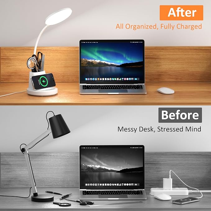 Desk Lamp for Home Office, LED Desk Lamp with Wireless Charger Pen Phone Holder, Dimmable Desk Light 3 Color Modes, College Dorm Study Lamp for College Dorm, CRI 90 800 Lumen