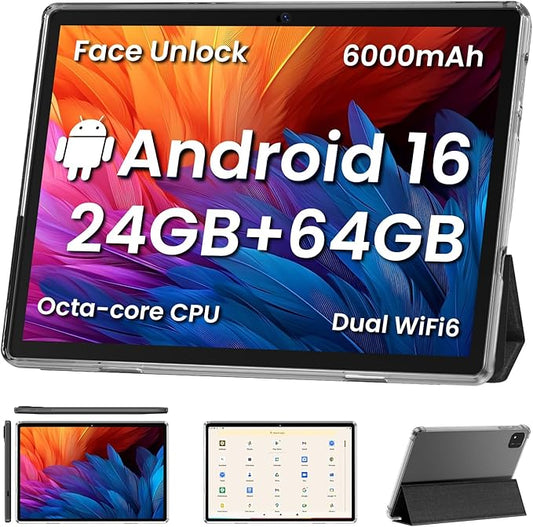 COLORROOM Android16 Tablet,10inch Tablets, Octa Core CPU, 24GB+64GB+512GB Expansion, 6000mAh Battery+18W Fast Charging, Dual WiFi, Dual Cameras,Widevine L1 Google Kids Space, Black