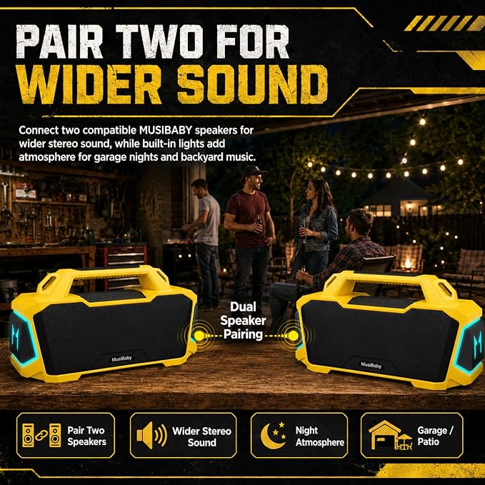 Musibaby 80W Portable Bluetooth Speaker, Loud Bass, IPX6 Waterproof, Yellow | Bright yellow speaker for picnic, tailgate, RV, workshop, projector nights, boat deck, cookouts, USB/AUX music.