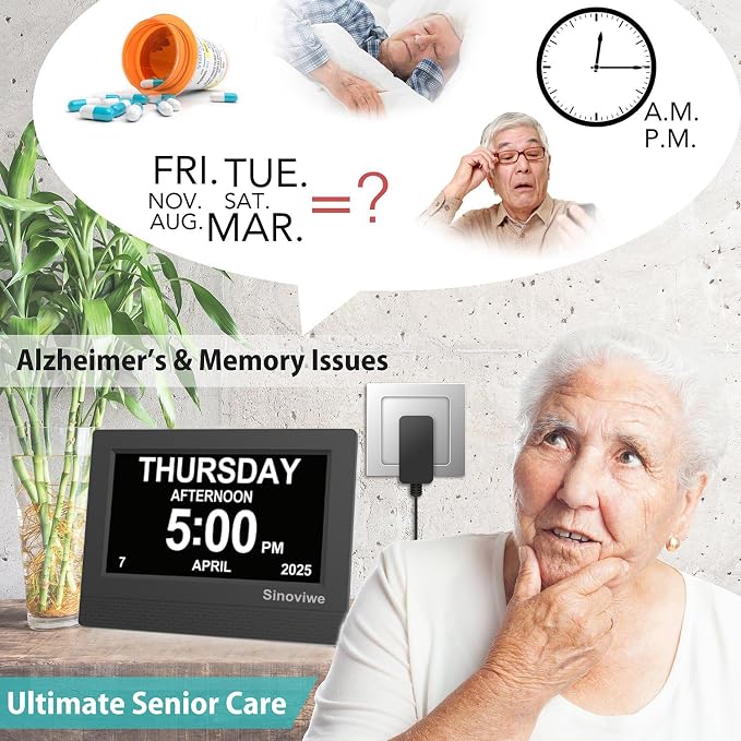 Digital Alarm Clock 7" HD Large Screen Digital Calendar with Auto-Dimming, Clear Day/Date Display for Alzheimer's Dementia Seniors & Low Vision with Remote Control and Custom Reminder Function(Black)