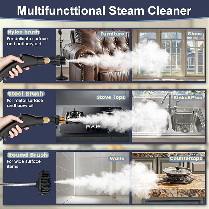 Portable High-Pressure Handheld Steam Cleaner, 14-Piece Accessories, 6 Steam Levels, 15s Heat-Up,chemical-free Cleaning Tile, Grout, Dirt, Grease & Car Detailing (black＆Red)