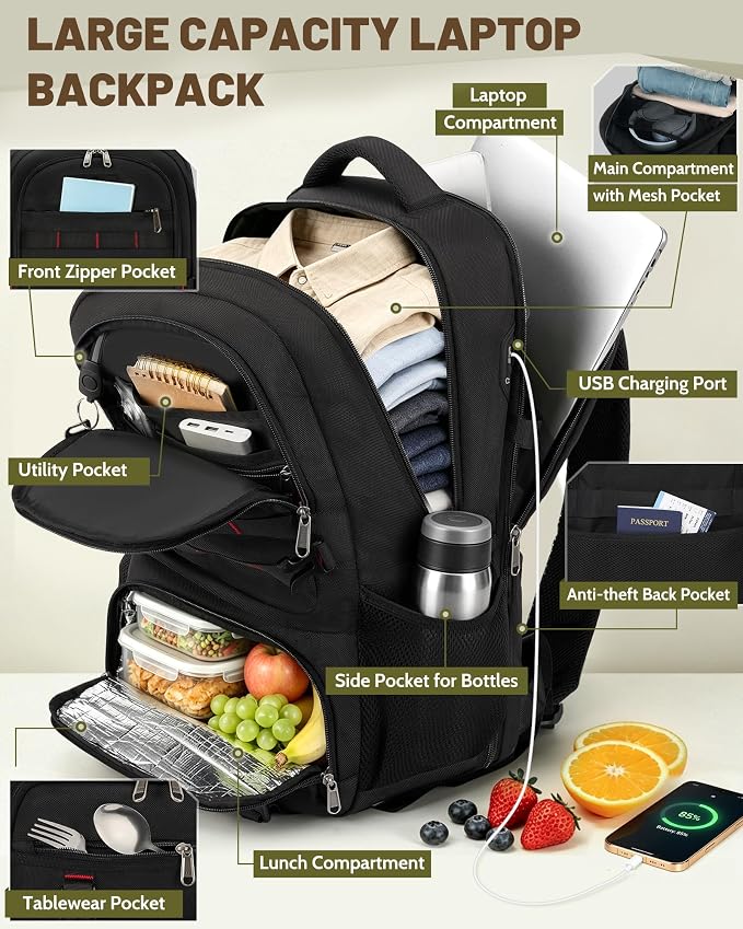 RAINSMORE Laptop Backpack with Lunch Compartment,40L Large Capacity Lunch Backpack for Men Work Backpack with USB Post Insulated Cooler Backpack for Work, Travel, Picnic, Black