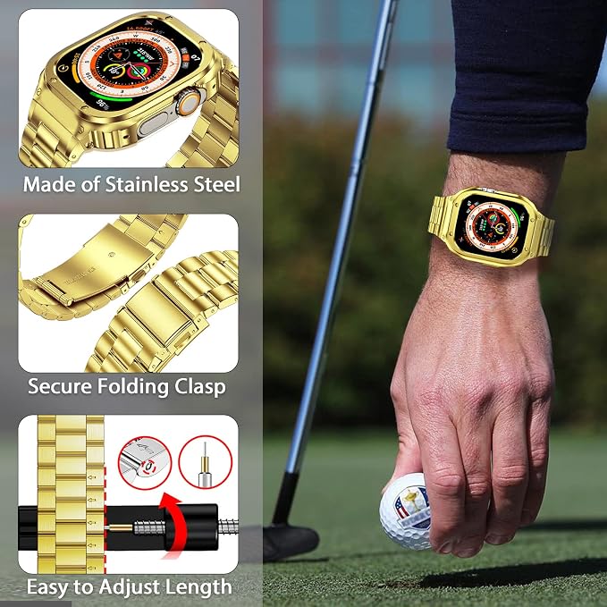 MioHHR Stainless Steel Band and Case Compatible with Apple Watch Band 49mm, Men Metal Protective Bumper Cover for iWatch Series Ultra 3/2/1, Gold