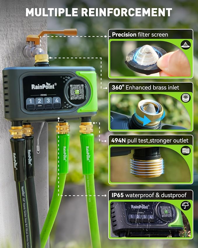 RAINPOINT WiFi Sprinkler Timer 4 Zone, 2027 New Version Outdoor Smart Water Timer for Garden Hose with Brass Inlet&Outlet, Custom Programs via APP/Voice Control (Lime Green, 4 Zone)