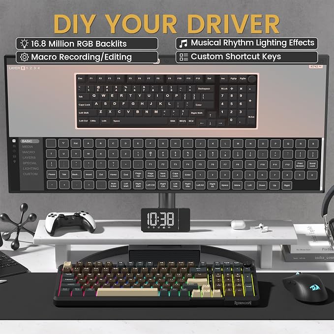 Redragon K742 Wireless Mechanical Gaming Keyboard with Knob, Bluetooth 5.0/2.4GHz/USB C Wired Creamy Keyboard with Number Pad for PC Computer, RGB Backlits, Hot-Swappable with Linear Switches (Brown)