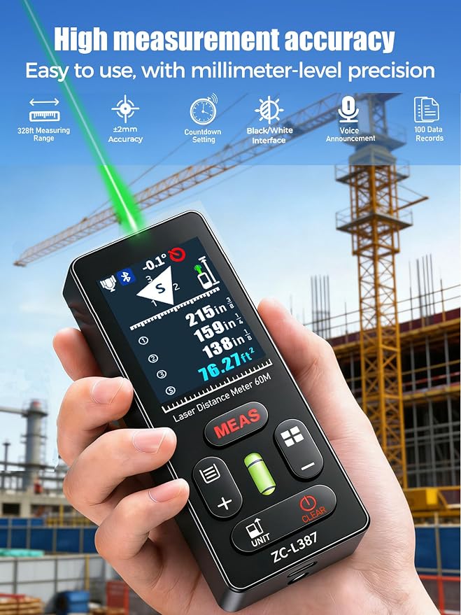 ZC-L387 Laser Measurement Tool 196Ft/60m Green Laser Distance Meter with Horizontal Crosshair,Backlit LCD Screen and Voice Prompt Length/Area/Volume (M/FT/Inch) Home/Indoor-Outdoor Professional