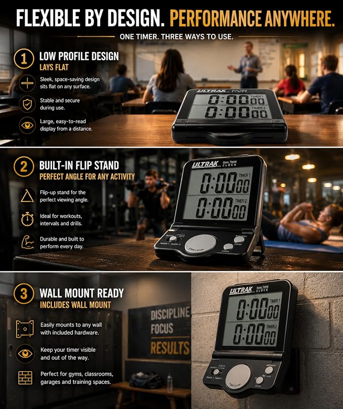 ULTRAK T-4 Jumbo Dual Timer – Large 1” Display Countdown & Count Up Timer, 24 Hour Range, Loud Alarm, Dual Memory, Wall Mount or Tabletop for Classroom, Gym, Office & Meetings