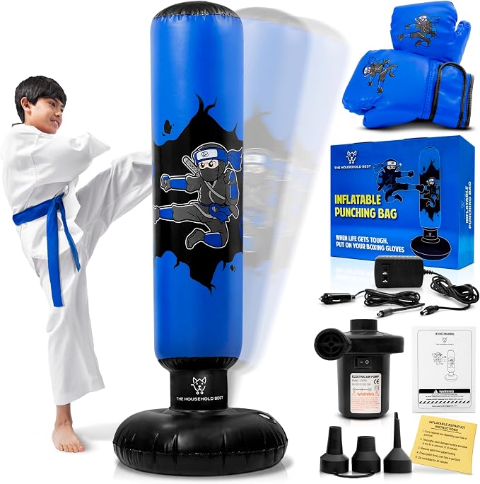 THB Punching Bag for Kids - Inflatable Punching Bag with Boxing Gloves for Kids Age 3-8, 63” Ninja Boxing Bag with Electric Air Pump to Practice Taekwondo, Karate, MMA, Bouncing Back