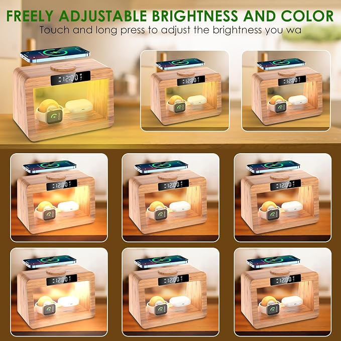 Bamboo Wireless Charging Station for Multiple Devices, with Night Light and Alarm Clock, 3 in 1 Charging Station for Apple Devices, Multi Charger Station for iPhone/iWatch/AirPods Pro