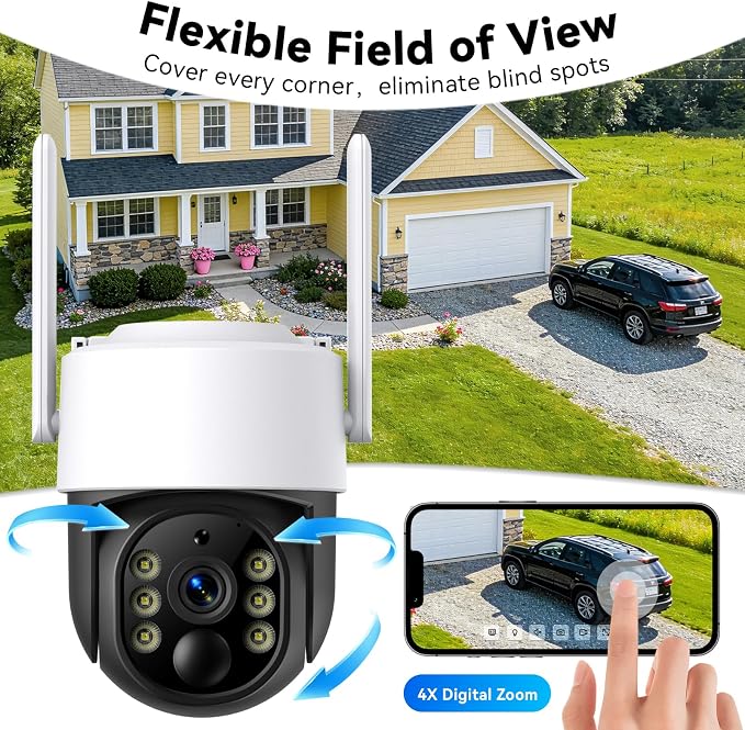 Chpuss Solar Security Camera Wireless Outdoor, 2K HD Surveillance Solar Powered WiFi Camera, Color Night Vision, PIR Detection, 360° View, 2-Way Talk, Spotlight Siren Alarm (Black & White - 1PACK)