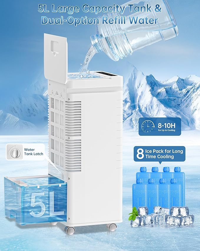 Portable Air Conditioners, Swamp Cooler Portable AC Unit for Room, Windowless Cooling Fan That Blow Cold Air w/Remote 5L Tank 12 Speeds 9H Timer, Evaporative Air Cooler for Bedroom Gara (White)