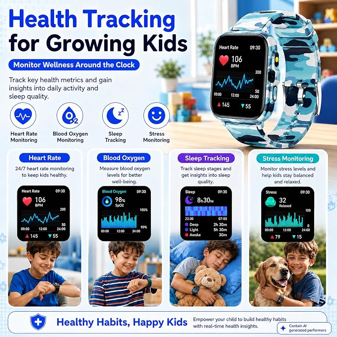 Smart Watch for Kids Boys Age 5-12, Ai Functions Games HD Touch Screen Watches with Video Camera Music Player Pedometer Heart Rate Sleep Tracker Christmas Birthday Gifts for Boys (Black, 1.85")