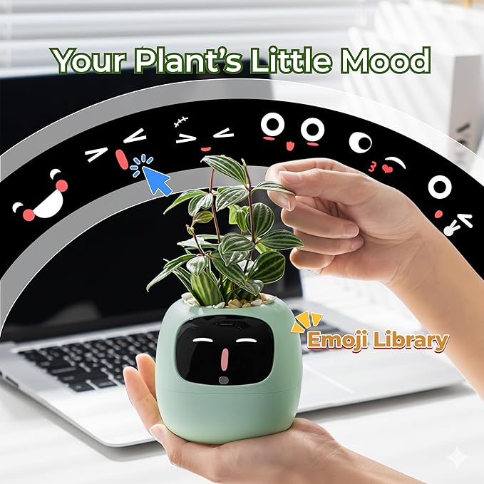 PLANTSIO Ivy AI Smart Planter Intelligent Flower Pot for Home Decoration Plants Companion Neat Desk Setup Gift Pet Planter Robot Guidance on Plant Care with Emojis (Mint)