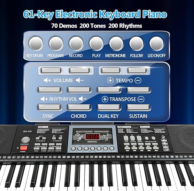 61 Key Keyboard Piano for Beginners w/Stand Bench, Lighted Keys in Follow | Dual Power Mode,Teaching Mode,70 Demos,200 Tones/Rhythms,Pitch Bend Key Drum Dual Key Metronome Chord Sync Sustain Program