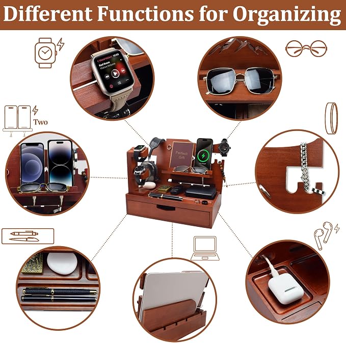 Nightstand Organizer for Men with Large Drawer, Wood Phone Docking Station for Phone, Apple Watch, Wallet & Keys, Ideal Birthday Gift for Father Husband, Bedside Desk Organizer (Walnut)