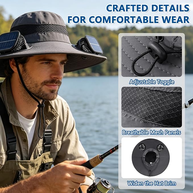 Solar Fan Hat Wide Brim Sun Hat with 3 Solar Fan, Outdoor Bucket Hats for Men Women UPF 50+ Fishing Beach Hiking Bucket Hat