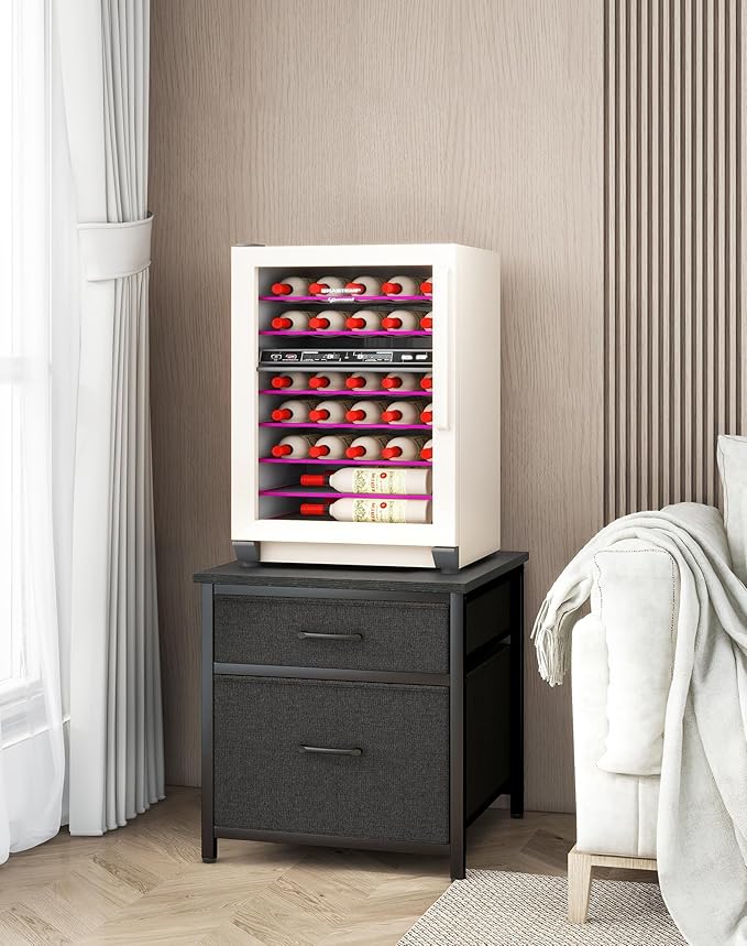 YMYNY Mini Fridge Stand with Storage, Mini Fridge Cabinet with Fabric drawers, 250lbs Heavy-Duty Compact Refrigerator Table, Coffee Bar Shelf, for Home, Office, Bedroom, Black HBR008B